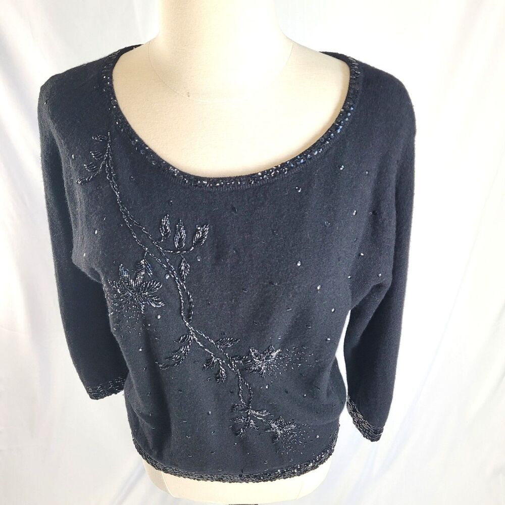 Vintage lambswool angora black Wool sweater 1/4 sleeve sz S/M Hand Beaded Floral